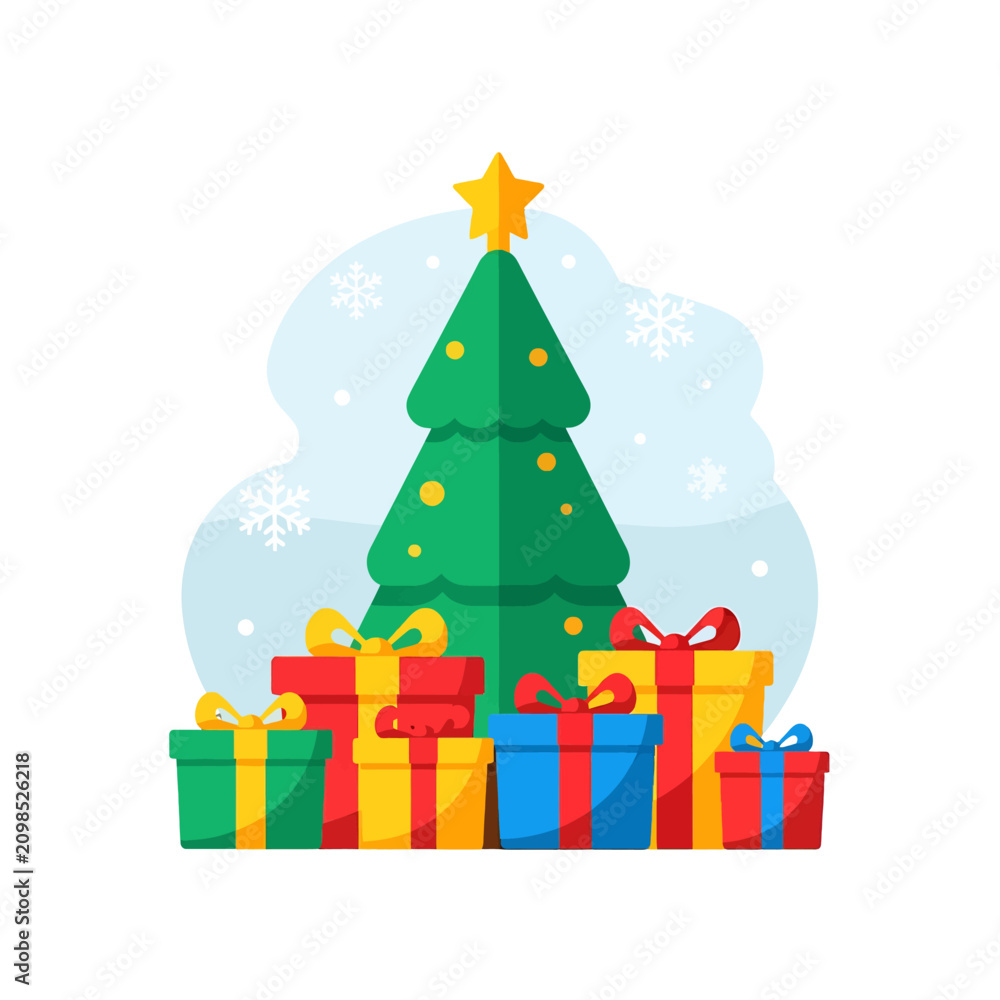 Naklejka premium A festive evergreen tree stands surrounded by colorful wrapped gift boxes