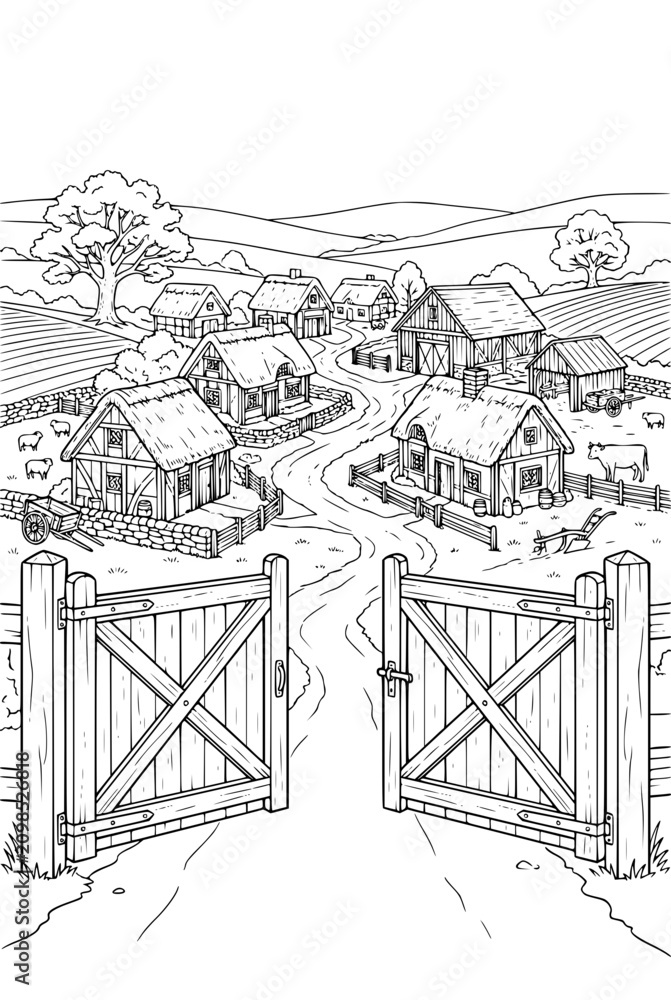 Fototapeta premium Medieval Village Coloring Page with Farm Houses and Open Gate