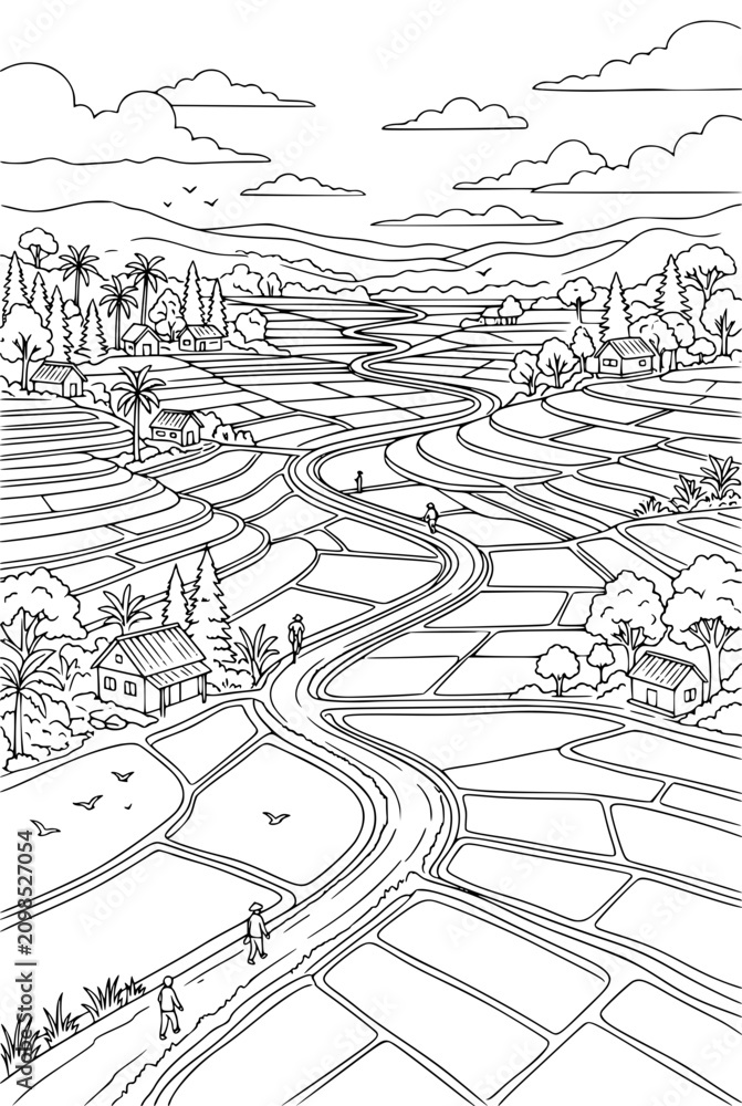 Obraz premium Terraced Rice Field Landscape Line Art Coloring Page
