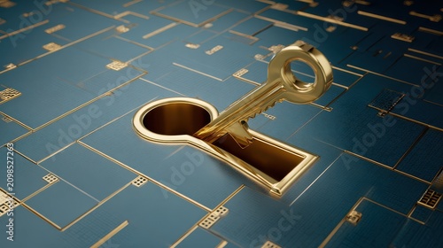 key on a circuit board with a blue background featuring electronic, technology, digital