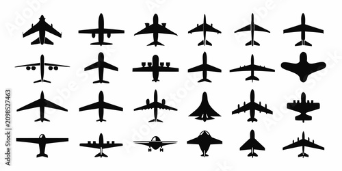 Fotografía Aircraft Silhouettes A Collection Of Black Vector Illustrations On White