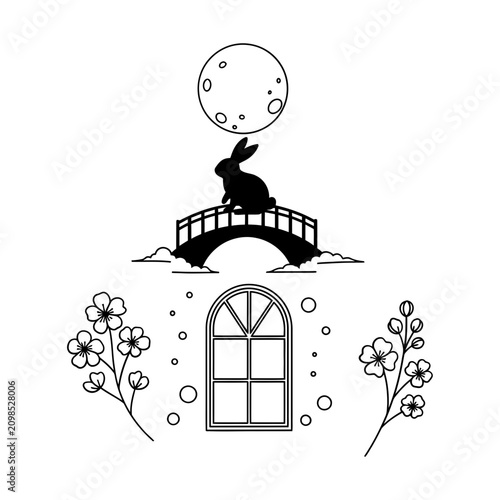 Mid Autumn Rabbit Bridge Window Minimal Line Art
