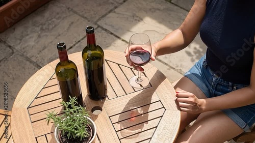 Woman Pouring Red Wine into Glass on Wooden Outdoor Table