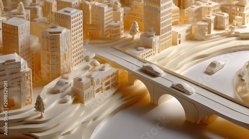 cityscape model with buildings and cars on a bridge featuring urban, architecture