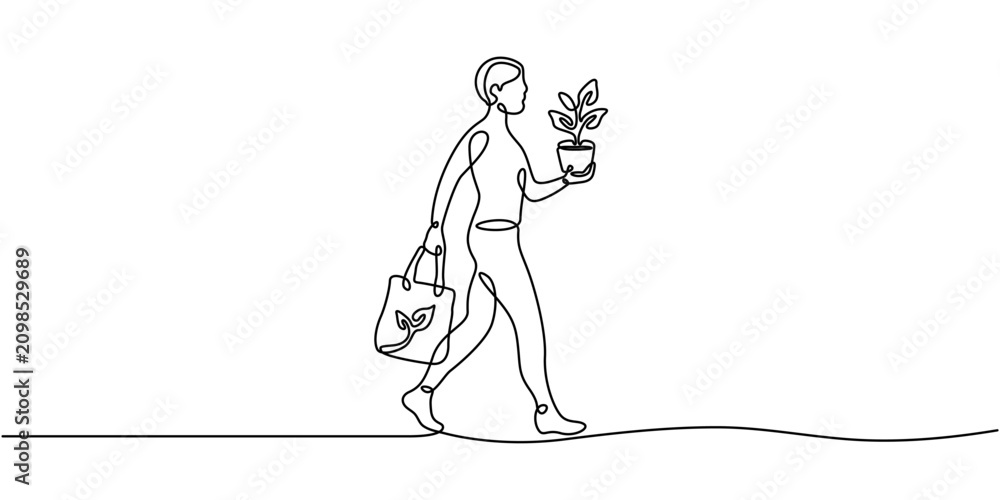 Fototapeta premium Continuous Line Drawing Of Woman Walking With Eco Tote Bag And Potted Plant Concept