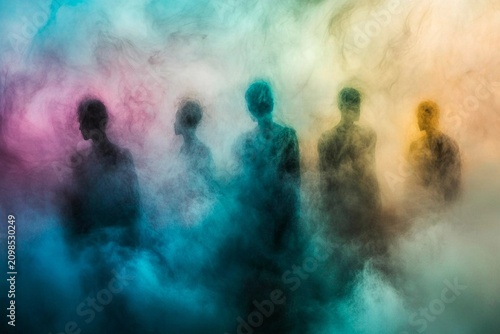 Colorful mist envelops silhouettes of people in a dreamlike atmosphere during twilight