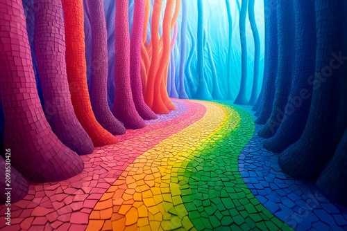 Exploring a vibrant dreamscape with rainbow mosaic ground and lush green trees