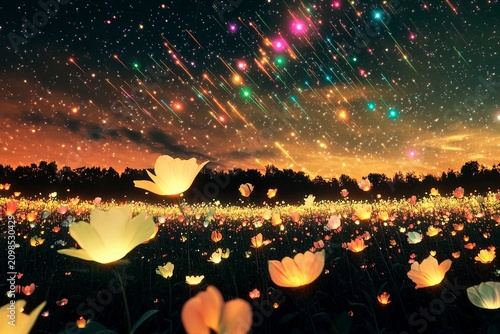 Glowing flower field illuminated by a meteor shower under a vibrant night sky
