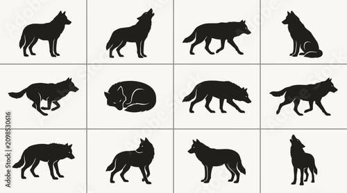 Schilderij op canvas Twelve Wolf Silhouettes in Varied Poses — Standing, Walking, Howling, Sitting, L
