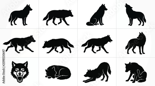 Canvastavla Twelve Wolf Silhouettes in Varied Poses — Standing, Walking, Howling, Sitting, L