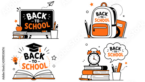 Back to school hand lettering set vector education icon collection with backpack chalkboard book alarm clock for banner poster design