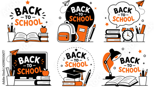 Back to school hand lettering set vector education icon collection with backpack pencil book alarm clock and desk lamp for banner poster and classroom design