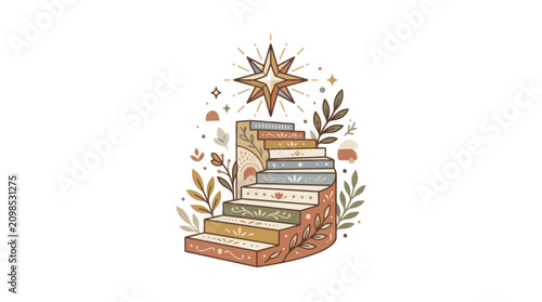 Stairway to Success with Star, Ascending Steps, Growth, and Floral Elements