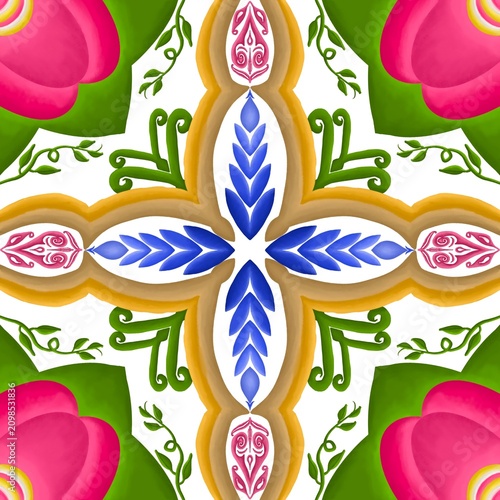 Colorful flowers and green leaves seamless pattern elements designed for background, wallpaper, decorating, fabric, wrapping, clothing, textiles, tiles, carpet, embroidery designs.