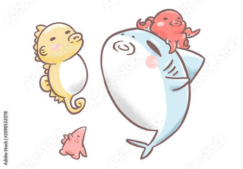 Cute Marine Animals Imitating a Seahorse Cartoon Illustration