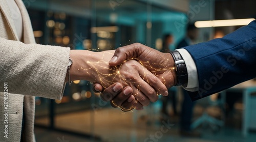 Diverse business partners shaking hands with glowing digital network lines between them as a symbol of global corporate connectivity and partnership