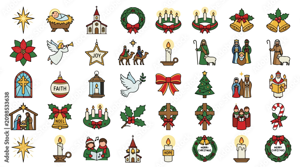Obraz premium Religious Christmas icons set, 40 Christian nativity and advent vector symbols, traditional church holiday elements for greeting cards and church bulletins