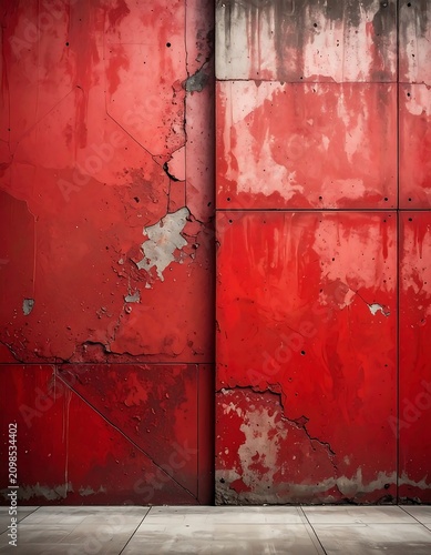 Weathered red textured wall surface with peeling paint and tile floor
