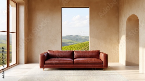 Warm minimalist living room, clay colored plaster walls, a deep burgundy leather sofa, large windows overlooking rolling hills with green vineyards