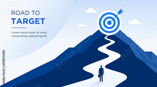Business Target Goal Success Strategy vector banner with businessman walking on a winding road toward a mountain target. Modern blue corporate illustration for presentation, planning, achievement