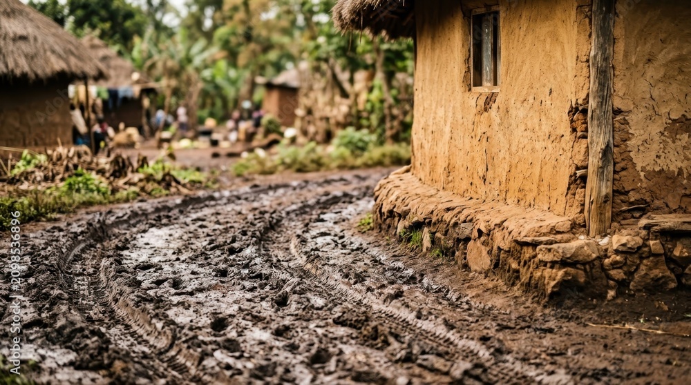 Obraz premium Muddy dirt road through a traditional rural village with clay houses