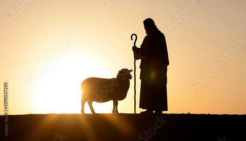 Spiritual concept of the good shepherd and sheep in golden hour