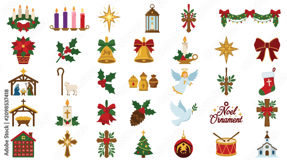Obraz premium Religious Christmas icons set, 35 Christian holiday vector elements, nativity scene and advent candles, traditional Noel ornament collection