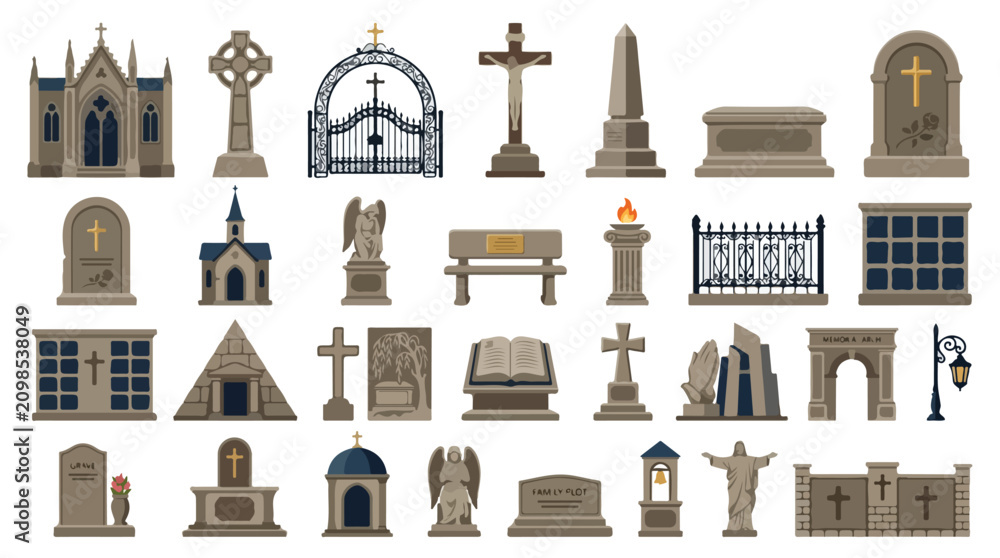 Obraz premium Cemetery icons set with 28 vector elements, gravestones and funeral monuments, cemetery architecture and memorial statues on white background