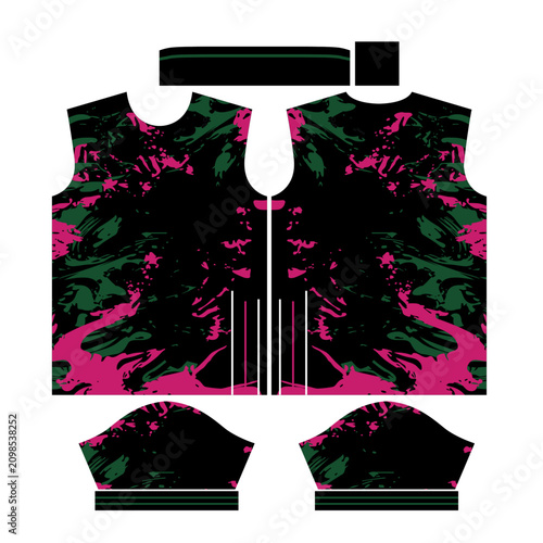 Abstract Black Sports Jersey Design Pattern with Dynamic Magenta Pink and Dark Green Grunge Splash Texture, Sharp White Vertical Lines Sublimation Apparel Vector Mockup Template for Soccer, Football, 
