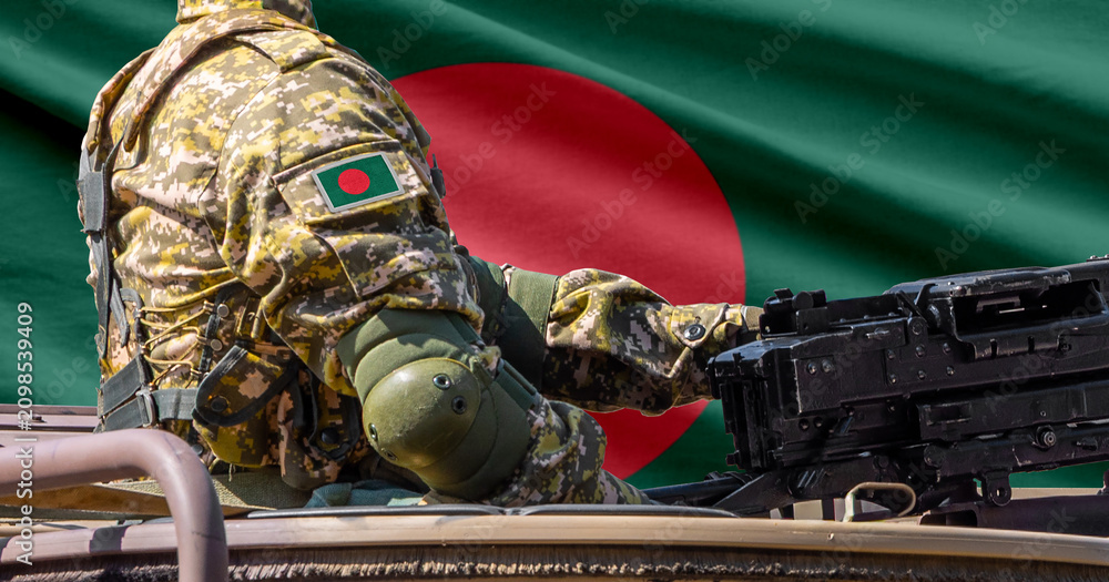 Fototapeta premium Bangladesh flag with soldier at machinegun turret