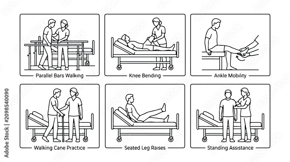 Obraz premium Physical therapy rehabilitation exercises set, 6 medical line icons of patient recovery, physiotherapy assistance and hospital mobility training