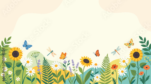 Vibrant meadow scene with sunflowers, daisies, lavender, ferns, and flying butterflies and dragonflies under a soft sky.