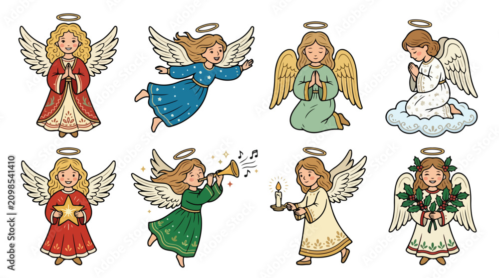 Obraz premium Vintage Christmas angel vector set, hand drawn celestial cherub collection with wings and halos, 8 religious holiday character illustrations