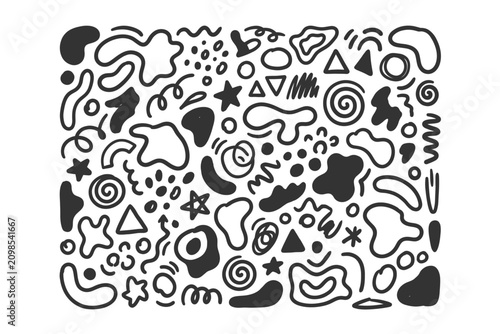 Hand drawn doodle set featuring various organic shapes and abstract squiggly lines created with a simple black marker pen style