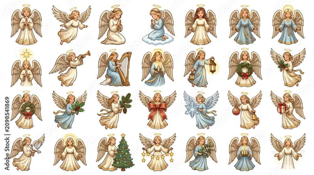 Obraz premium Vintage Christmas angel vector set, 28 celestial cherub illustrations with golden halos, traditional holiday religious characters for greeting cards
