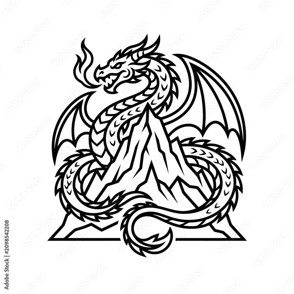 Obraz premium Dragon perched on a mountain peak line art illustration.