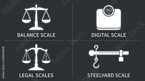 Collection of diverse weighing scales icons including balance, digital, legal, and steelyard types, representing measurement and justice.