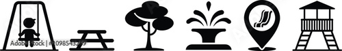Fotografie Park playground amenity icons, flat black symbols featuring child on swing, picnic table, water fountain, play structure and location marker