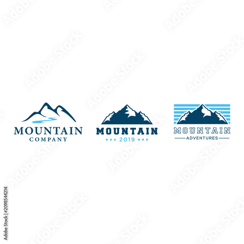 Modern mountain company logo design with water and sky elements. Minimalist outdoor adventure branding for businesses and startups.