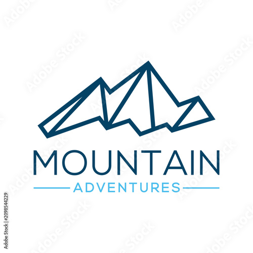 Mountain adventures logo with peak silhouette design. Minimalist outdoor travel emblem for hiking and exploration brands.
