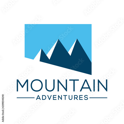 Mountain adventures logo design with peak silhouette. Minimalist outdoor travel emblem for brands and tourism.