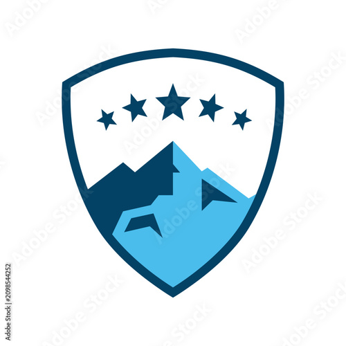 Military or law enforcement badge with stars and shield emblem. Protective service insignia for security forces and defense organizations.