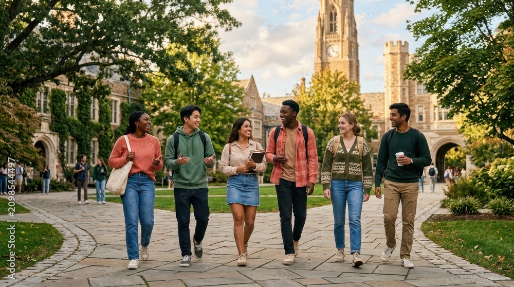 Fototapeta premium Diverse group of college students walking together on campus during autumn
