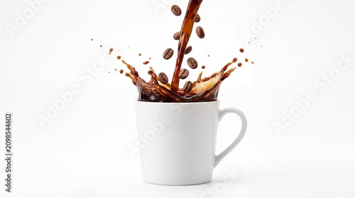 Fresh coffee splashing out of a white ceramic mug