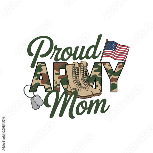 Proud military mom with combat boots and dog tags. Patriotic mother holding boots of deployed soldier with American flag.