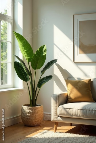 Large rubber plant, sunlit living room corner, modern, house