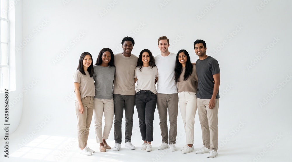 Obraz premium Diverse group of happy young adults standing together, showcasing unity and friendship against a bright white backdrop, representing a vibrant community
