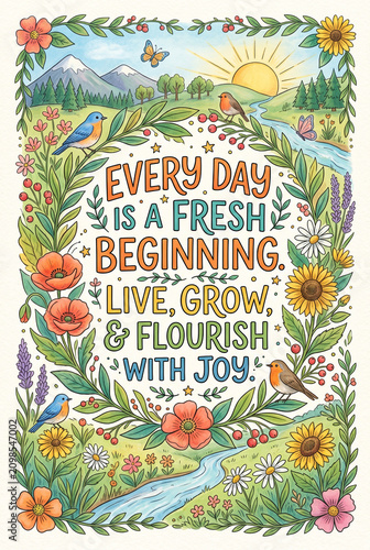 Inspirational floral illustrated postcard with lettering 