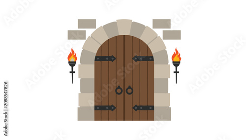 Medieval stone arch doorway with wooden doors and lit torches on each side representing an ancient castle entrance.