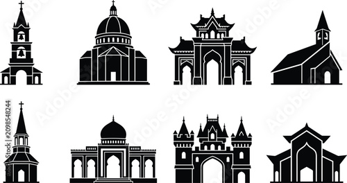 Foto Set of Eight Religious and Monumental Building Silhouettes Featuring Churches, M